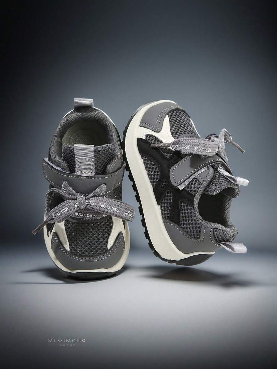 1 Pair Baby Walking Shoes, Casual Versatile Kids Sports Shoes, Fashion Leather Patchwork Breathable Mesh Design, Suitable For Summer - Grey - View 1