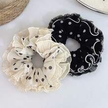 1pc Classic Black & White Polka Dot Double Layer Ruffle Chiffon Scrunchie, Vintage Gentle Elastic Hair Tie For Women, French Minimalist Aesthetic, Versatile Lightweight Fabric Hair Accessory Suitable For Daily Commute, School, Dating, Shopping, Outdoor Picnic And Vacation - Multicolor - View 2