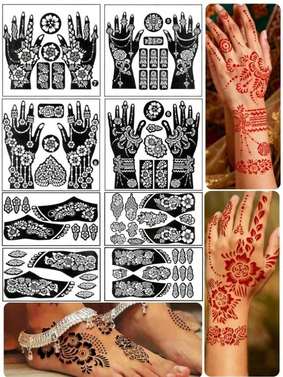 8pcs Reusable Henna Tattoo Stencils, Suitable For Hand And Body Painting, Floral Pattern, Temporary Tattoo Stencils, Sleeve Tattoo, Wedding Bridal Makeup - Multicolor - View 1