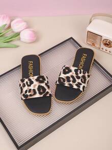 1 Paar Mädchen Leoparden Muster Einriemen Sandalen, weiche rutschfeste Flache Pantoffeln, Casual Strandschuhe für den Sommer - Schwarz - Übersicht 4