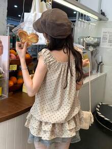 夏季圓點露肩雙穿 2 合 1 荷葉邊收腰上衣 - 杏色 - 查看 11