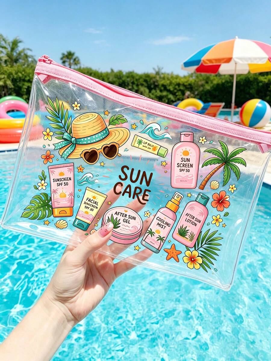 「Sun Protection」印花 PVC 化妝包，拉鍊式 PVC 旅行收納袋，輕量耐褪色化妝盥洗包，符合 TSA 標準且易攜帶，易擦拭清潔，適合送給老師或朋友的禮物，也是學校假期旅行必備的防水盥洗包 - 彩色 - 查看 1