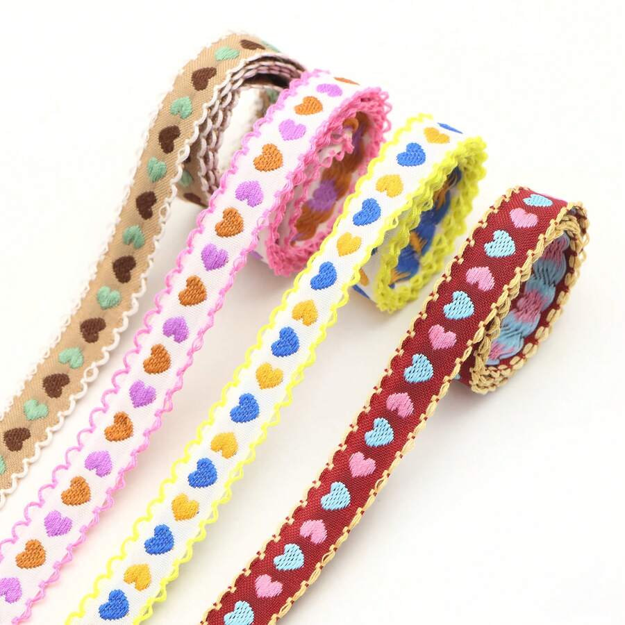 5 Yards Heart-Shaped Embroidered Ribbon With Scalloped Edge - Suitable For Gift Wrapping, DIY Bows, Handmade Crafts, Sewing, Durable Ribbon - Multicolor - View 1