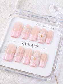 10pcs Glossy Medium Square Press-On Nails, Nude Pink Dual-Tone French Acrylic Nails With 3D Transparent White Flowers And Gold Bead Decor, Sweet And Elegant, Makes Hands Look Slender, Reusable, Suitable For Daily Wear And Dates, Girls Gift, Hot-Selling 3D Floral Pink French Nail Stickers Handmade Press On Nails - Baby Pink - View 6