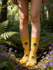 1 Pair Unisex Bee & Honeycomb Jacquard Mid-Calf Socks, Sweat-Absorbing, Odor-Resistant, Anti-Slip, Durable, Warm Yellow Solid Color Artistic Casual Mid-Calf Socks, Suitable For Daily Commute, Travel Outfits, Artistic Gift Giving - Multicolor - View 6