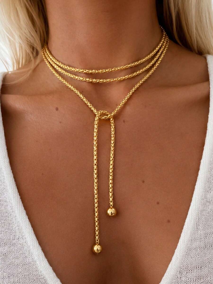 1pc Fashion Casual Minimalist Multi-Layer Wrap Long Necklace For Women, Daily Wear, Date, Party, Vacation, Travel, Gift For Girlfriend And Mom - Yellow Gold - View 1