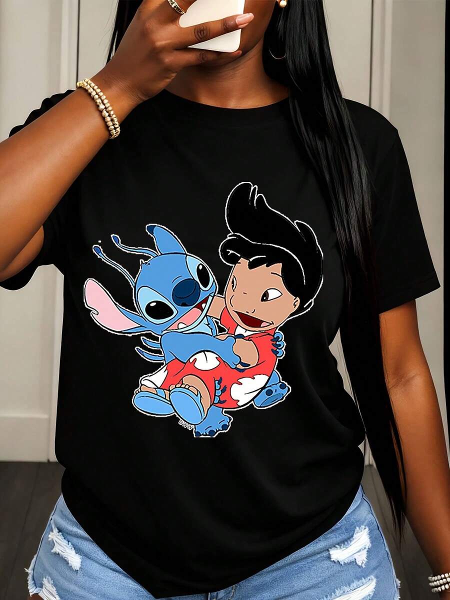 Disney Lilo And Stitch Character Print T Shirt Women Casual Summer Fashion Streetwear Style Top For Everyday Wear And Outings - 黑色 - 查看 1