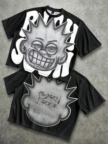 Manfinity Roghcode Men's Oversized Distressed Funny Diamond Teeth Tattoo Big Face Allover Print Cropped Loose T-Shirt (High Quality) - Black 4 - View 19