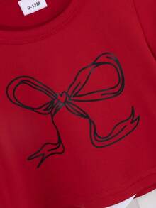Summer Baby Girl Fashionable Bow Print T-Shirt & Casual Wide Leg 3D Bow Pants Set - Red - View 7