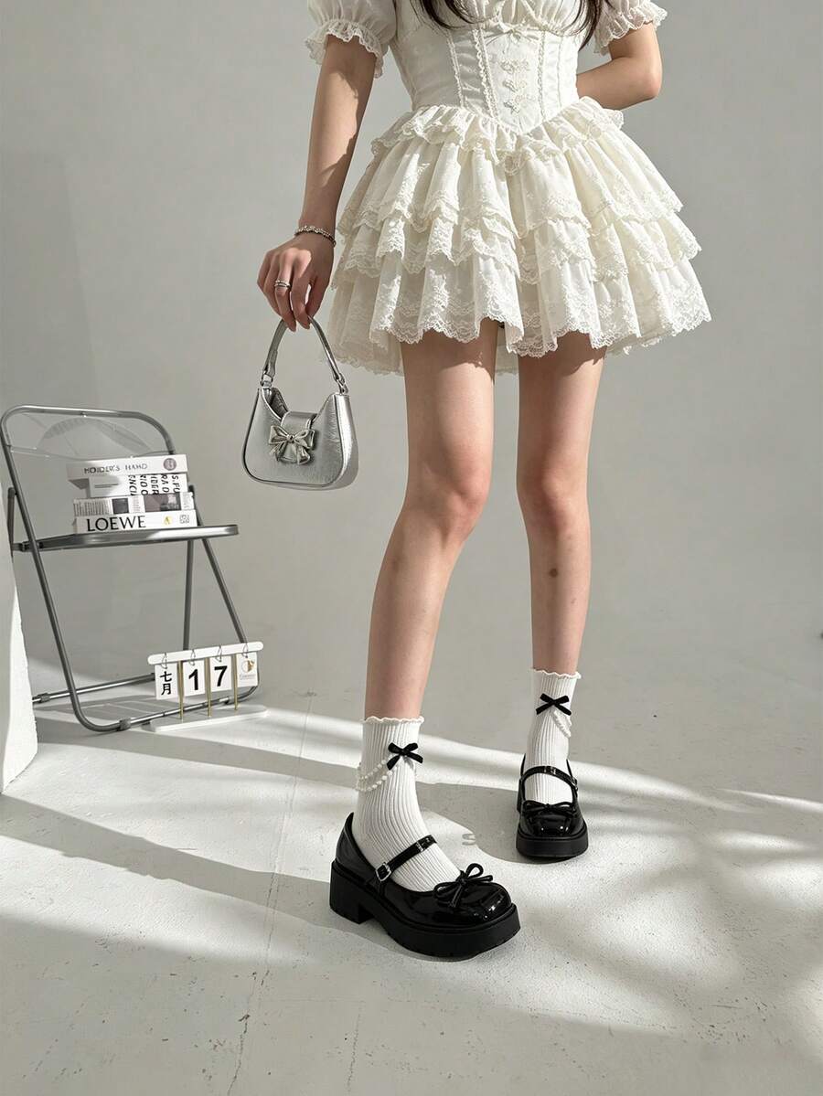 1Pair Women's Pearl Chain Bow Ruffle Crew Socks, Cute Frilly Ribbed Mid Calf Socks With Pearl Beads & Bows, Sweet Lolita JK Style - Clear - View 1