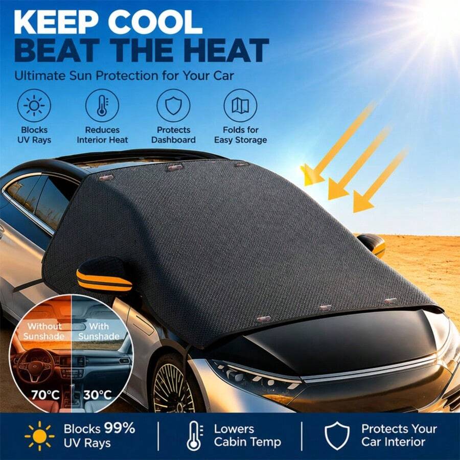 Car Windshield Sun Shade, Portable Car Sun Shade Cloth, Easy Installation With Reflective Strip. Strong Sun Protection, Lightweight And Durable Protective Car Cover, Suitable For Cars, SUVs And Other Vehicle Models External Protection - Orange Ears - View 1