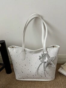 1 pièce Sac à épaule de mode pour femme avec imprimé étoile, sac fourre-tout portable polyvalent de grande capacité, convient pour les rendez-vous, les achats, les sorties, les voyages, livré avec un pendentif exquis - Blanc - Voir 10