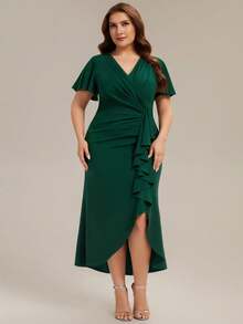 EVERPRETTY Plus Size Women V-Neck Ruched High Slit Asymmetric Wedding Guest Evening Dress, Deep Green, Suitable For Weddings And Semi-Formal Occasions - Dark Green - View 1