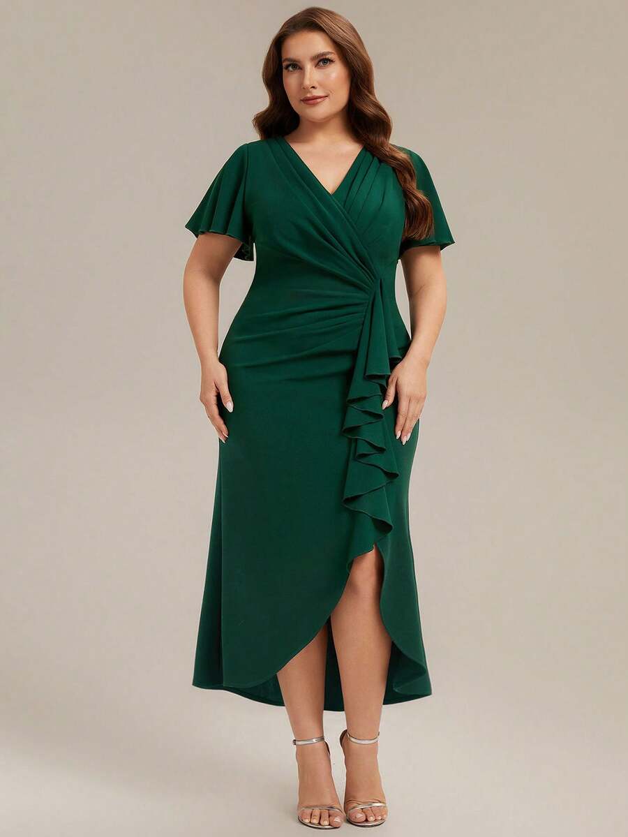 EVERPRETTY Plus Size Women V-Neck Ruched High Slit Asymmetric Wedding Guest Evening Dress, Deep Green, Suitable For Weddings And Semi-Formal Occasions - Dark Green - View 1