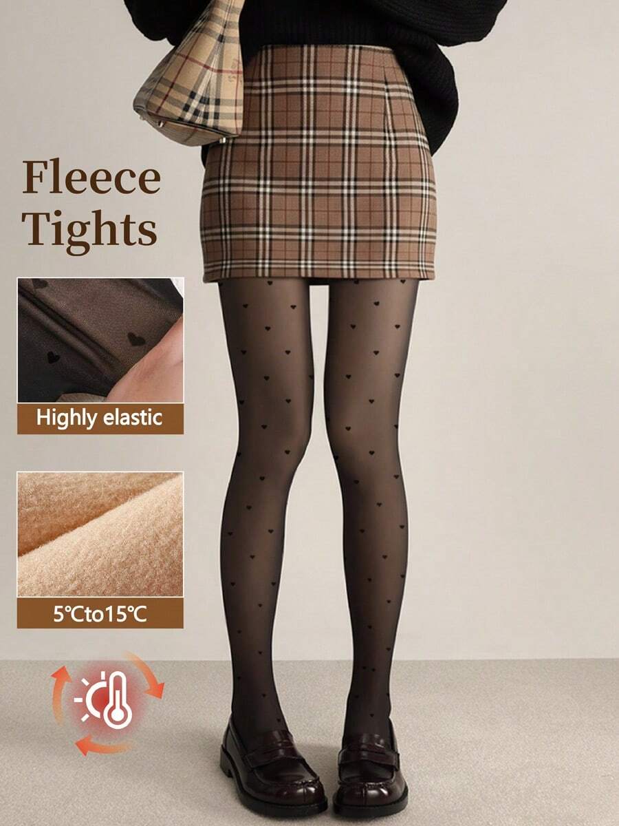 Heart-Shaped Flocked Black Thermal-Lined Tights, Warm And Slimming, Autumn/Winter Preppy Style Skirt Matching Base Stockings - Black - View 1