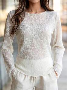 Women's Elegant White Lace Long Sleeve Round Neck Semi-Sheer Blouse - White - View 7