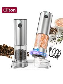 CLITON Premium Electric Salt Pepper Grinder Kitchen Cooking Tool, Perfect Holiday Gift, Aluminum & Stainless Steel Two Materials, 3 Sets Single/Double/Storage Base, External Adjustable Grind Size, Type-C Rechargeable, LED Light Lights Up When Grinding - Multicolor - View 2