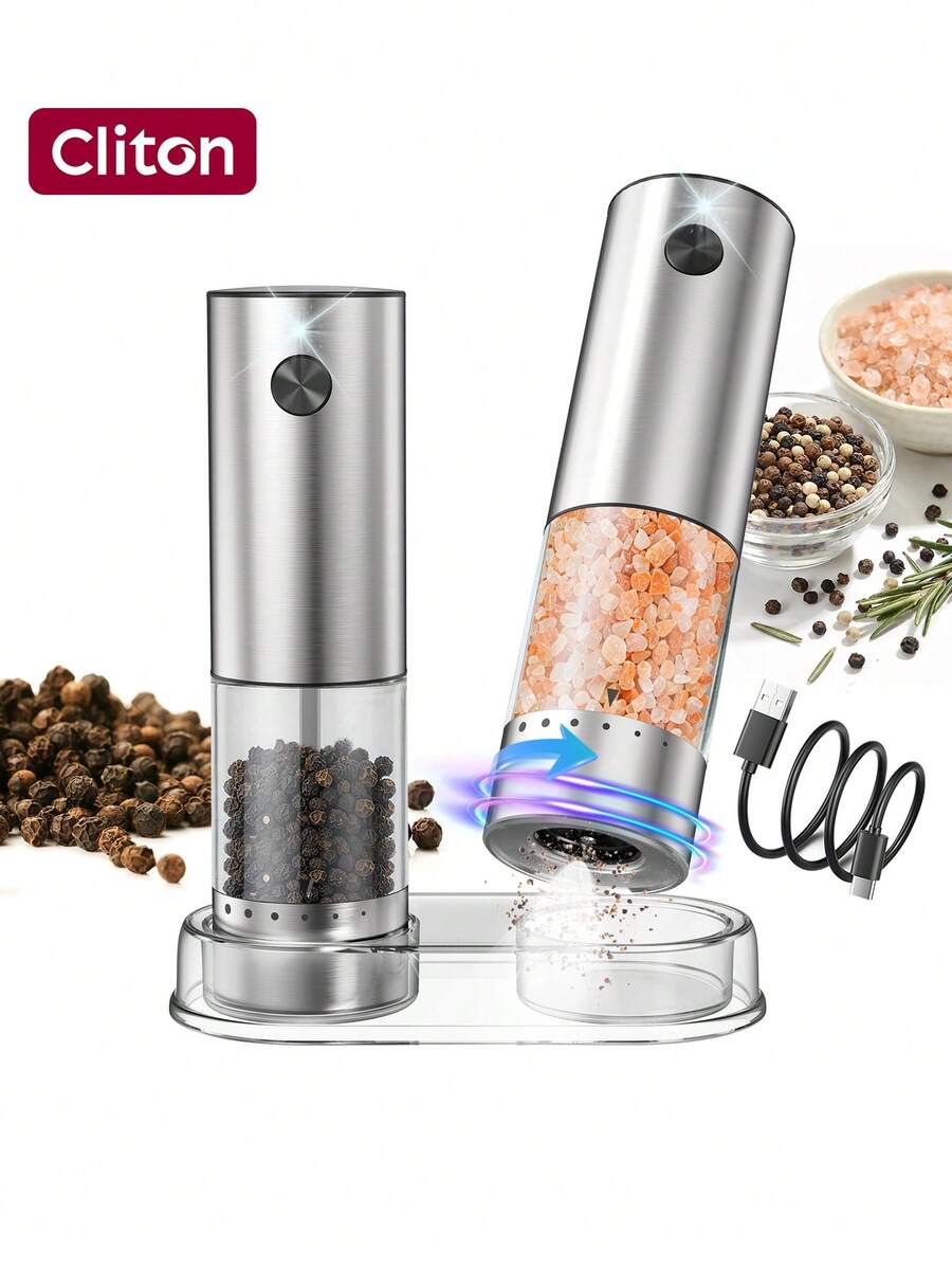 CLITON Premium Electric Salt Pepper Grinder Kitchen Cooking Tool, Perfect Holiday Gift, Aluminum & Stainless Steel Two Materials, 3 Sets Single/Double/Storage Base, External Adjustable Grind Size, Type-C Rechargeable, LED Light Lights Up When Grinding