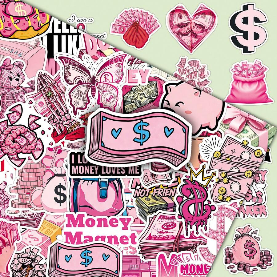 50pcs Fresh Ins Style Pink Coin Doodle Cartoon Dollar Creative Decorative Planner Tablet Stickers - Pink Coins - 1963 - View 1