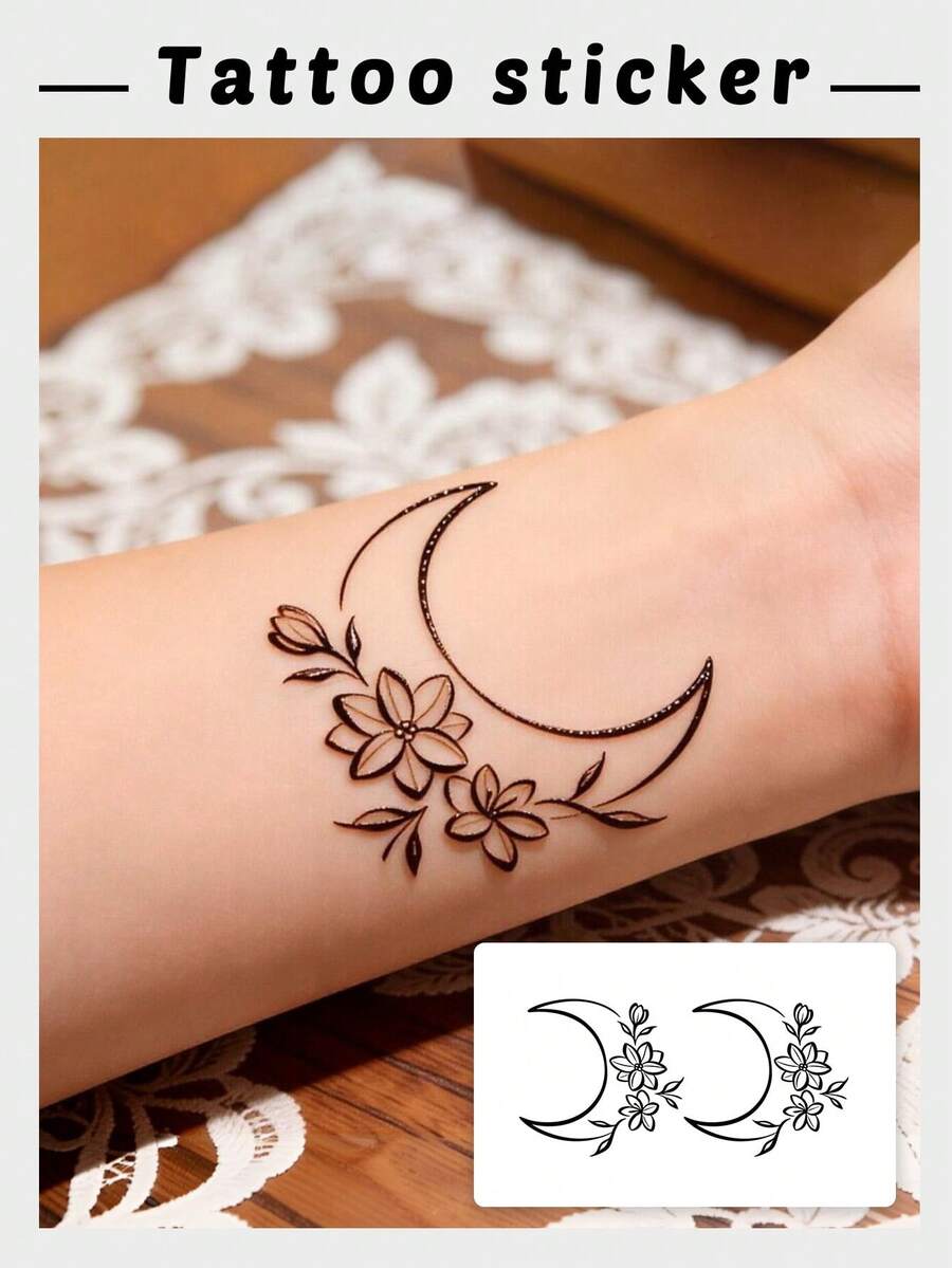 1 Pc Y2K Minimal Henna-Style Crescent Moon & Floral Simple Temporary Tattoo, Waterproof Fake Tattoo, Mystical Body Art For Wrist & Forearm - Black - View 1