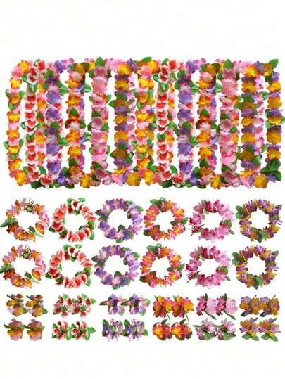 1 Set Hawaiian Lei Necklace Set, Hawaiian Flower Necklace, Hawaiian Floral Lei Necklace, Tropical Hawaiian Floral Theme Party Gift, Tropical Hibiscus Suitable For Summer Pool Party And Hawaiian Theme Party, For DIY Decoration And Dress Up