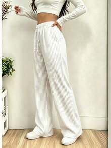 Women's Spring Summer Autumn Striped Long Pants With Side Pockets And Drawstring, Beach Pants, Pajama Pants, Sweatpants, Casual Wear, Vacation Home Wear - White - View 5