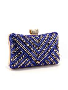 Bolso de mano para con asa de metal, bolso de noche con diamantes, bolso de mano dorado para boda, bolso de hombro con cadena, bolso pequeño - Negro - Ver 10