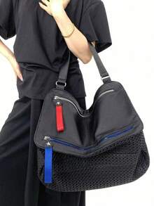 Ladies' Large Capacity Black Shoulder Bag, Sports Style Mesh Splicing Tote Bag, Contrasting Zipper Details - Black - View 4
