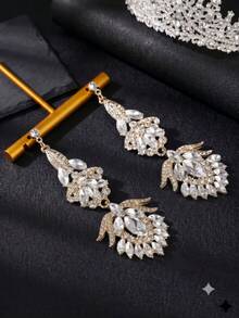 1 par de pendientes de novia largos con colgante exagerado de lujo totalmente de strass, joyería de oreja versátil de strass para fiesta de noche y vestido de boda - Multicolor - Ver 8