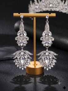 1 par de pendientes de novia largos con colgante exagerado de lujo totalmente de strass, joyería de oreja versátil de strass para fiesta de noche y vestido de boda - Multicolor - Ver 12