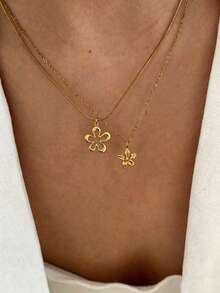 1pc Stainless Steel Waterproof Non-Fading Vintage Five-Petal Flower Pendant Necklace Choker Chain Suitable For Women's Daily Wear - Gold - View 1