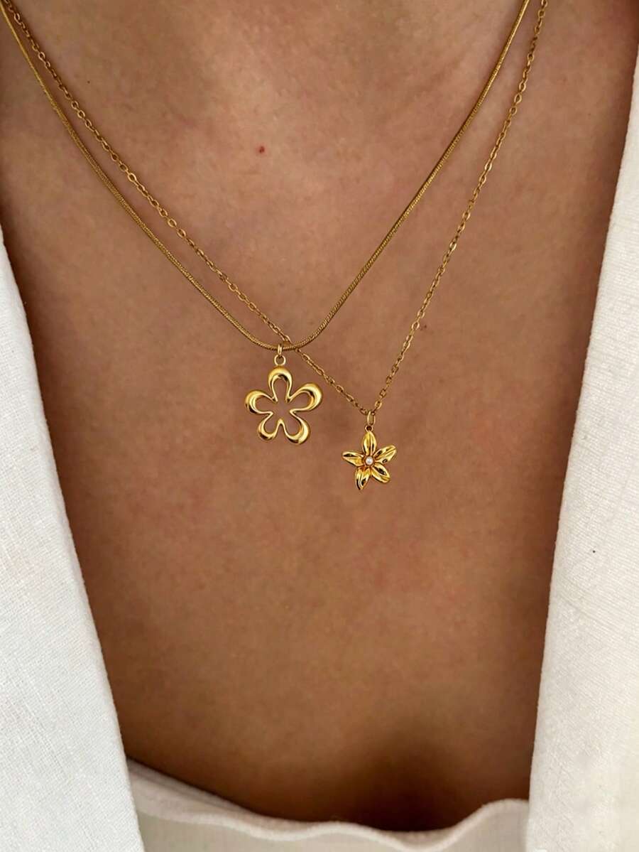 1pc Stainless Steel Waterproof Non-Fading Vintage Five-Petal Flower Pendant Necklace Choker Chain Suitable For Women's Daily Wear - Gold - View 1