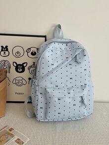 3pcs Nylon Bow & Heart Print Backpack Set, Foldable Multi-Pocket Large Capacity Zipper Backpack, Suitable For Teenagers And High School Students - Blue - View 4