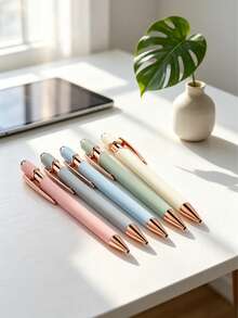 5pcs Aesthetic Macaron Color Touchscreen Stylus Pen Set, Elegant Rose Gold Clip Ballpoint Pens, Black Smooth Ink Retractable Cute Writing Pens, Suitable For Planner, Office Desk Accessories, School Graduation Gift, Party Decor And Space Decoration For Her - Multicolor - View 4