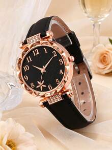 One Black Quartz Watch With PU Leather Strap For Teenagers Paired With Six Flower-Themed Accessory Sets, Suitable For Daily Wear And Holiday Parties. - Black - View 6