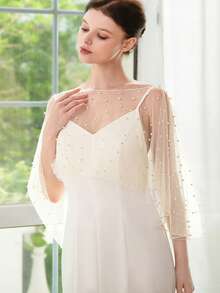 1Pc Short Bridal Wedding Shawls Pearl Beaded One Layer Simple Cloak Outfit Marriage Accessories For Women - Multicolor - View 9