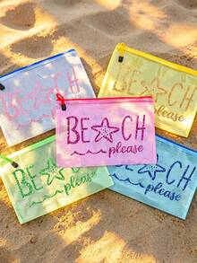 多色防水時尚網格海灘包，附亮面「Beach Please」字樣與海星圖案，大容量透明化妝包、泳池包、便攜耐用盥洗包、文具收納袋、輕量防曬收納包，適合游泳、海灘、潛水及夏季旅行，送給朋友、家人、閨蜜、同學的完美禮物與紀念品，適用於生日、節日、派對、婚禮（伴娘）、教師節、開學季、畢業季 - 彩色 - 查看 2