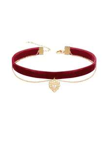 1pc Women's Fashion Vintage Court Style Choker Heart Pearl Velvet Chain Personalized Neck Chain Collar Necklace - Multicolor - View 3