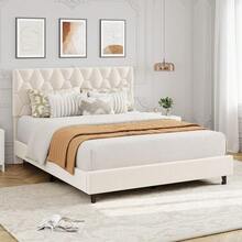 Bed Frame With Headboard, Noise-Free Upholstered Platform Bed With Solid Wood Slat Support, Heavy Duty Platform Bed With Under Bed Storage, No Box Spring Needed & Easy Assembly 
﻿ - Off White - View 10