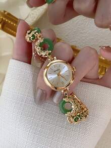 1件女款金色圓形石英手錶，優雅時尚，適合日常配戴，生日/畢業禮物，派對與聚會 - 金色 - 查看 4