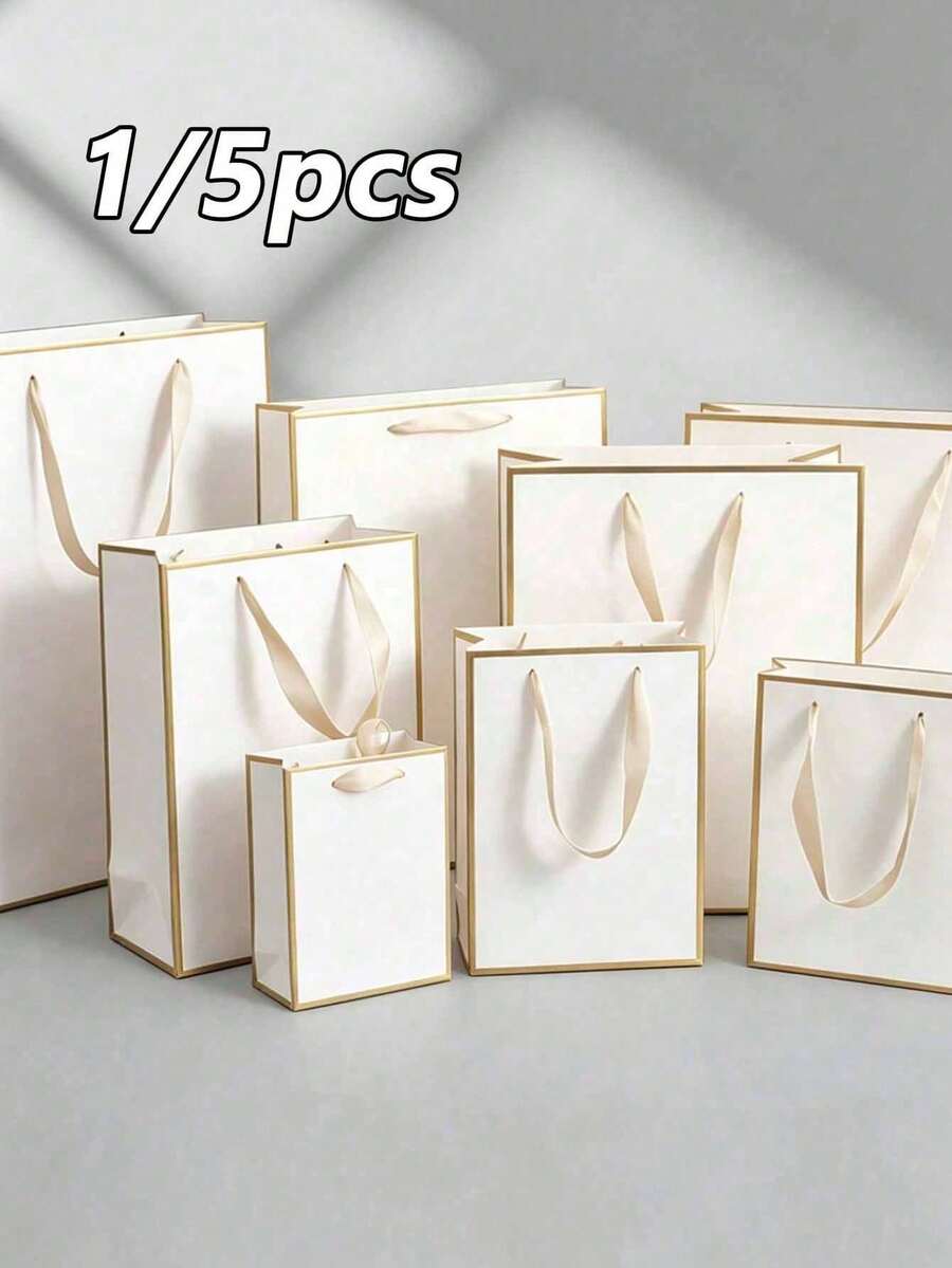 1/5件裝白色與金色禮品袋,附緞帶提把,輕量可折疊直立式禮品包裝袋,適用於婚禮、零售、派對、生日、求婚、週年紀念、父親節、情人節與訂婚派對禮物裝飾 - 白金 - 查看 1