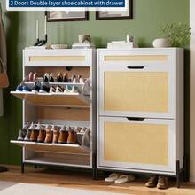 Slim Wooden Shoe Cabinet For Entryway  Rattan & Linen Panels,Adjustable Shelves - White - View 6