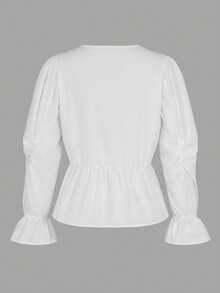ii Women's Solid Color Button Design Ruffle Trim Flare Sleeve Blouse White - White - View 8