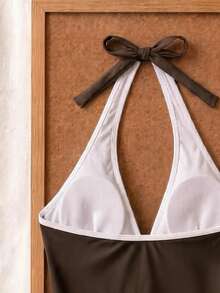 New Summer Fresh Sweet Cute Style Brown & White Colorblock Polka Dot Halter Neck Bikini Set With Shorts For Beach Vacation Casual - Multicolor - View 6