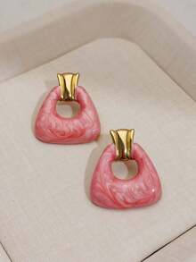 Vintage Luxury Geometric Shape Stud Earrings, Stainless Steel Material, Hypoallergenic, Unique Oil Drop Design, Suitable For Women, Daily Wear, Party Wear - Pink - View 6