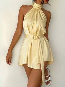 Women's Summer Dress, Yellow Fashionable Women's Clothing Belt 2-Way Wear Halter Neck Backless A-Line Elegant Mini Dress, Women's Outfit Graduation Ceremony Short Dress - Yellow - View 9
