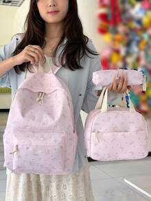 3pcs Nylon Bow Print Backpack Set, Foldable Multi-Pocket Large Capacity Zipper Backpack, Suitable For Teenagers And High School Students - Pink - View 10