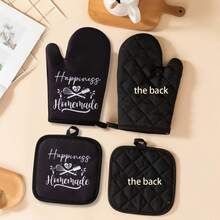 1. Oven Mitts & Pot Holders Set, Black Heat-Resistant Kitchen Mitts & "Happiness Is Homemade" Patterned Insulated Pads, Non-Slip Cotton Oven Mitts, Suitable For Baking, Cooking, Grilling - View 3