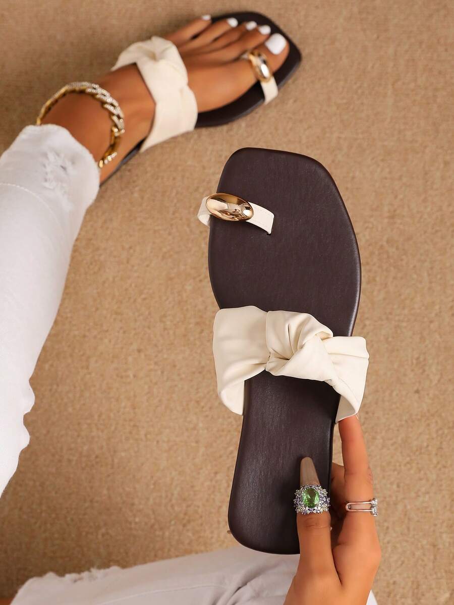 Women Coffee Beige Contrast Twist Bow Slide Sandals Oval Metal Toe Ring Flat Slippers - White - View 1