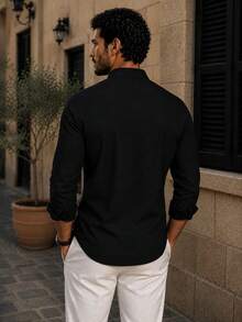 100% Cotton Linen, Breathable, Lightweight, Button-Down Collar, Men's Linen Shirt - Black - View 2